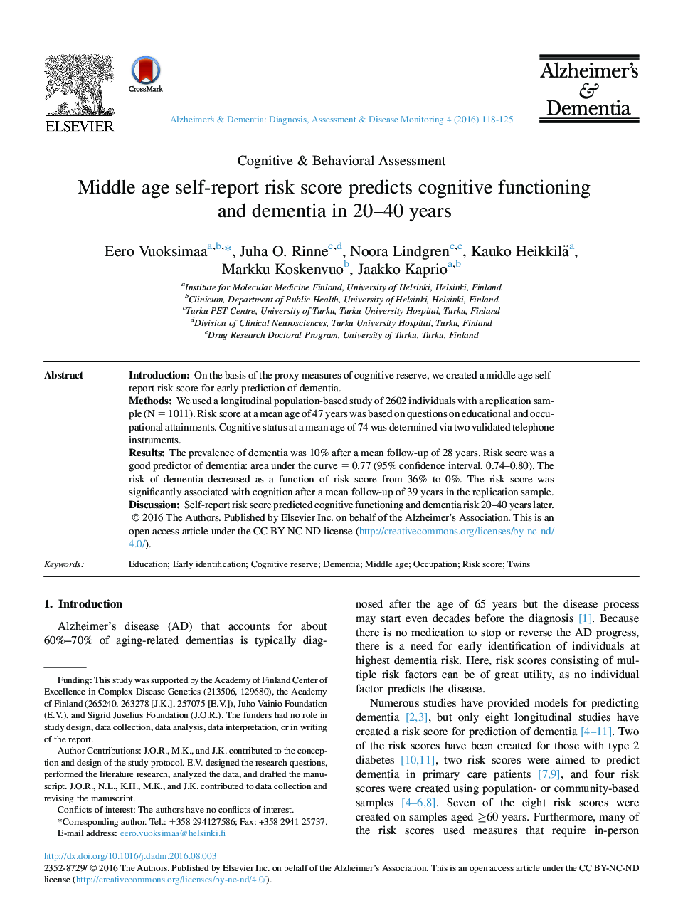 Middle age self-report risk score predicts cognitive functioning and dementia in 20-40Â years