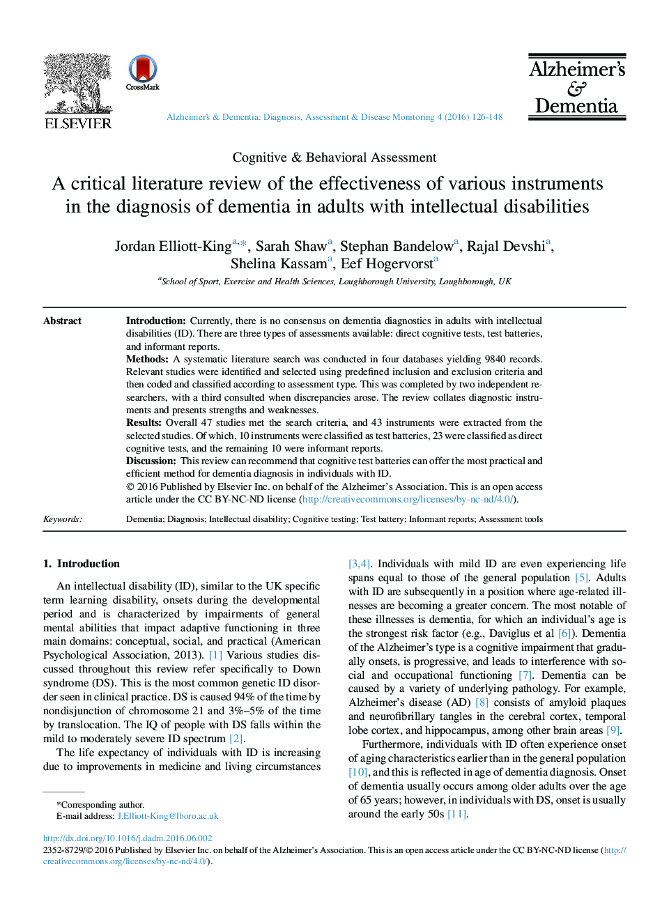 A critical literature review of the effectiveness of various instruments inÂ the diagnosis of dementia in adults with intellectual disabilities