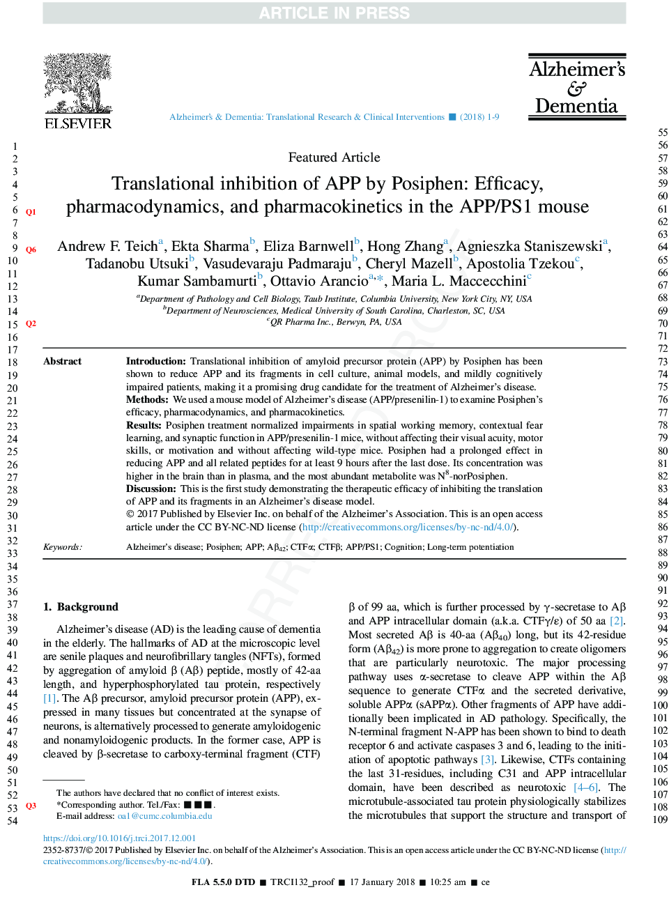 Translational inhibition of APP by Posiphen: Efficacy, pharmacodynamics, and pharmacokinetics in the APP/PS1 mouse