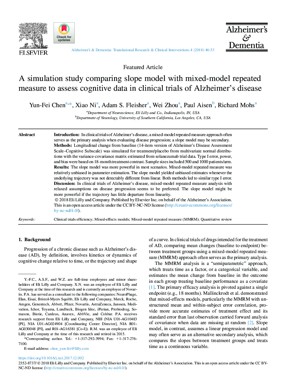 A simulation study comparing slope model with mixed-model repeated measure to assess cognitive data in clinical trials of Alzheimer's disease