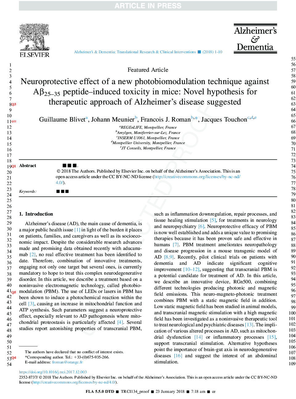 Neuroprotective effect of a new photobiomodulation technique against AÎ²25-35 peptide-induced toxicity in mice: Novel hypothesis for therapeutic approach of Alzheimer's disease suggested