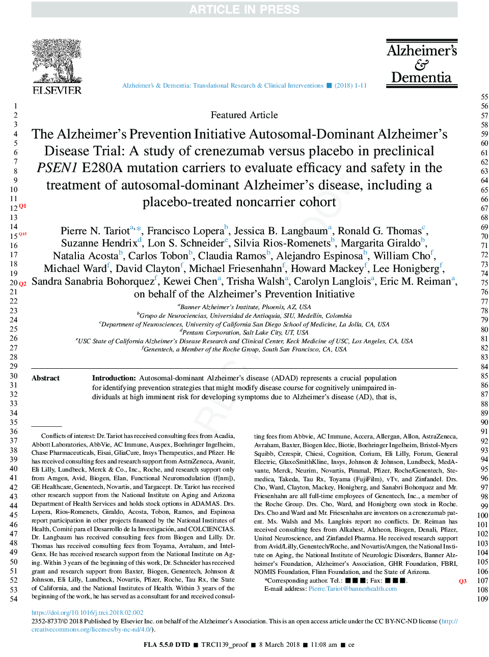The Alzheimer's Prevention Initiative Autosomal-Dominant Alzheimer's Disease Trial: A study of crenezumab versus placebo in preclinical PSEN1 E280A mutation carriers to evaluate efficacy and safety in the treatment of autosomal-dominant Alzheimer's diseas
