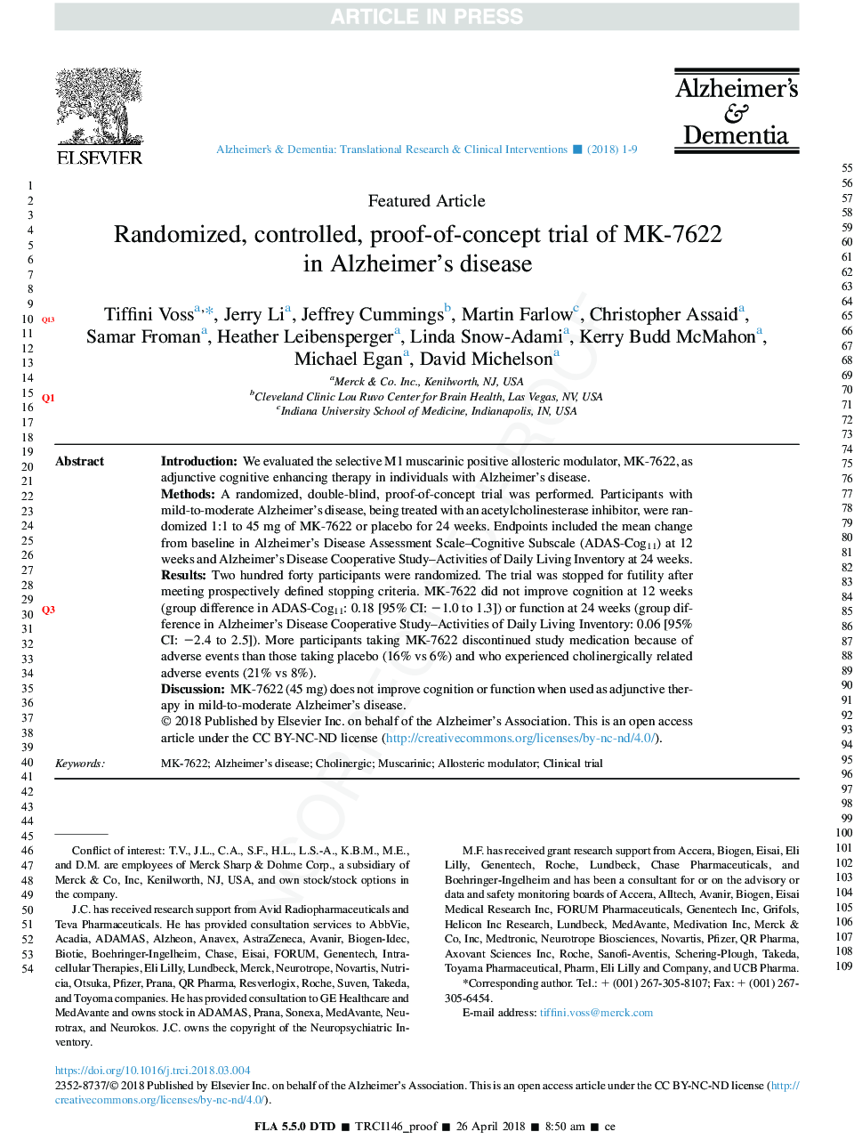 Randomized, controlled, proof-of-concept trial of MK-7622 in Alzheimer's disease
