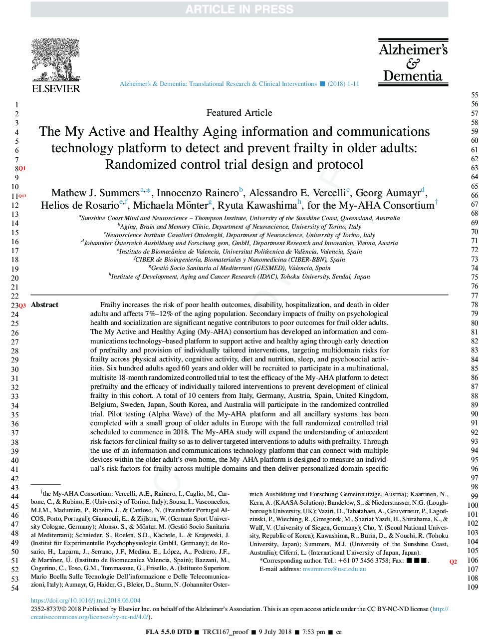 The My Active and Healthy Aging (My-AHA) ICT platform to detect and prevent frailty in older adults: Randomized control trial design and protocol