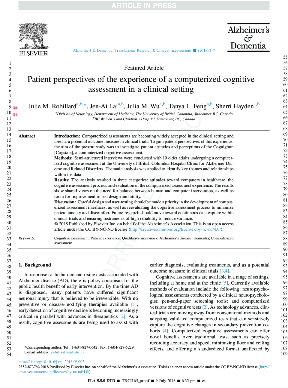 Patient perspectives of the experience of a computerized cognitive assessment in a clinical setting