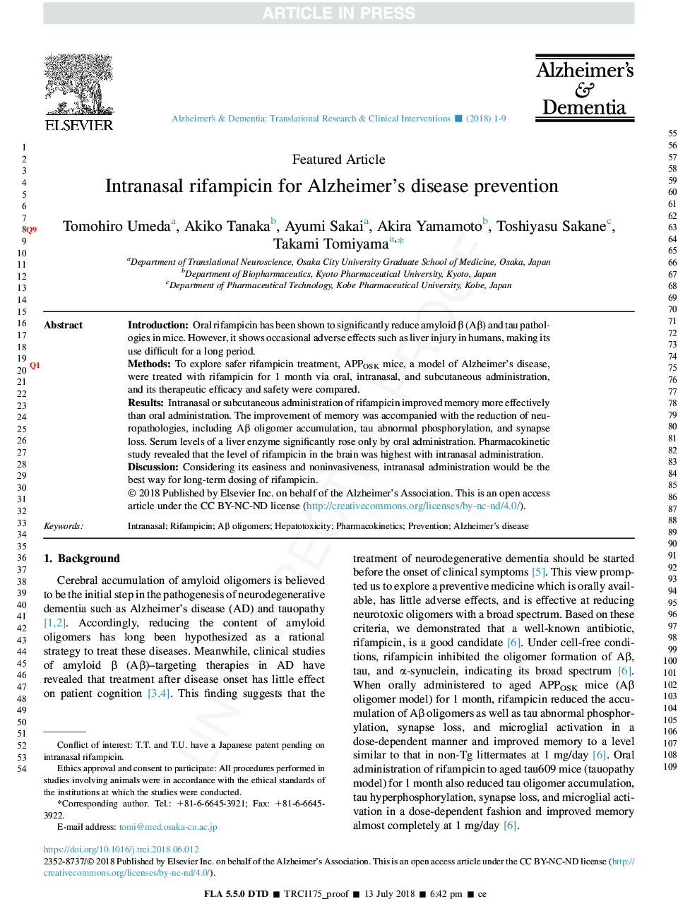 Intranasal rifampicin for Alzheimer's disease prevention