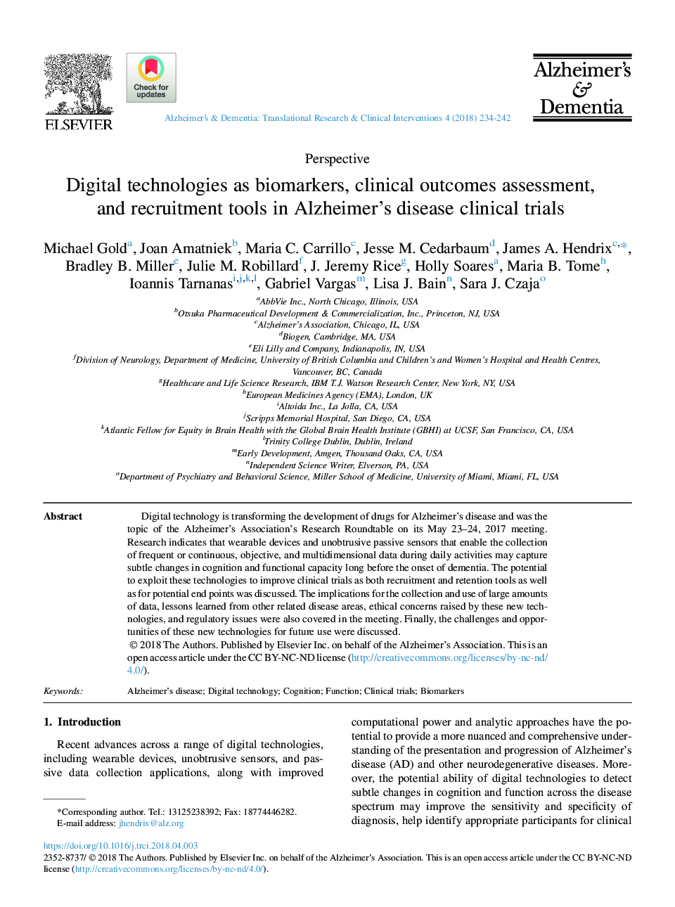 Digital technologies as biomarkers, clinical outcomes assessment, and recruitment tools in Alzheimer's disease clinical trials