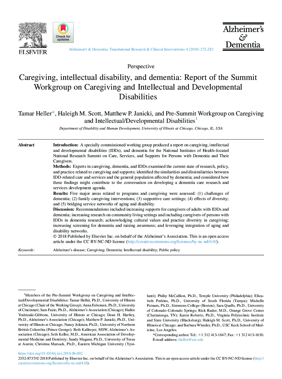 Caregiving, intellectual disability, and dementia: Report of the Summit Workgroup on Caregiving and Intellectual and Developmental Disabilities