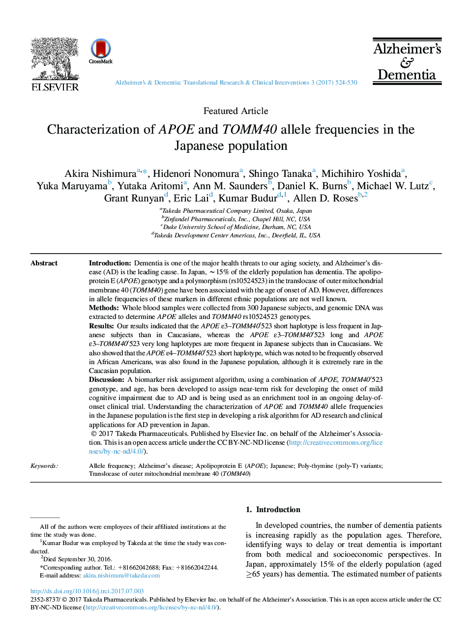 Characterization of APOE and TOMM40 allele frequencies in the Japanese population