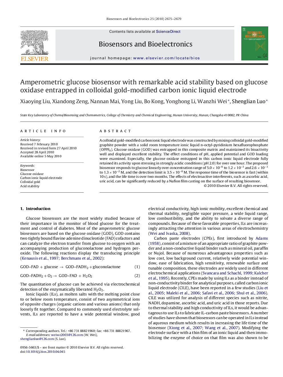 Amperometric glucose biosensor with remarkable acid stability based on glucose oxidase entrapped in colloidal gold-modified carbon ionic liquid electrode