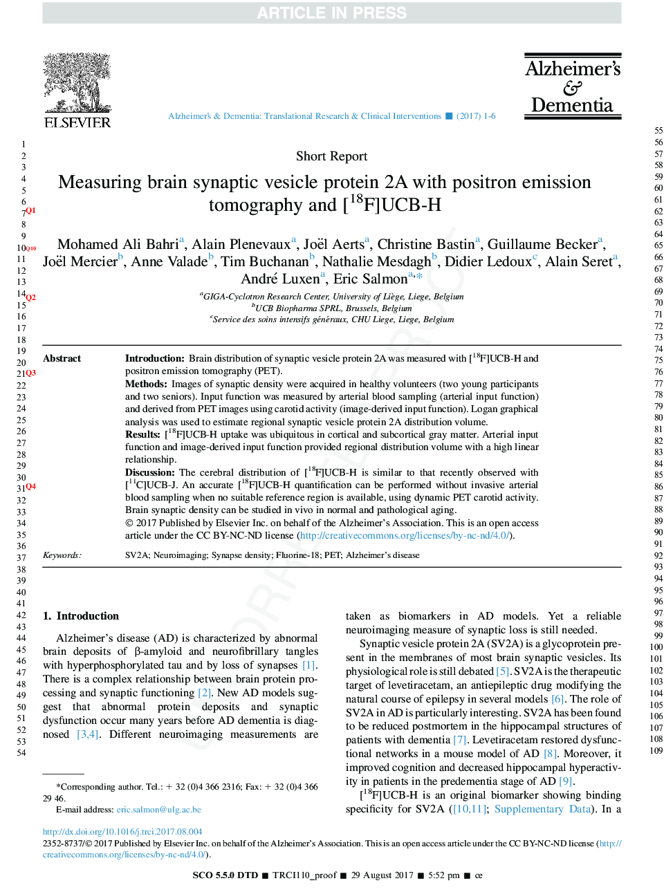 Measuring brain synaptic vesicle protein 2A with positron emission tomography and [18F]UCB-H