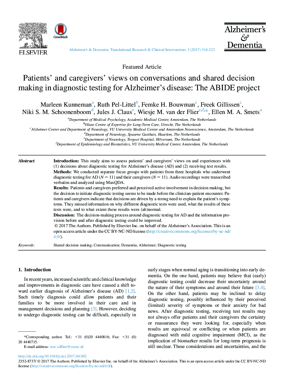 Patients' and caregivers' views on conversations and shared decision making in diagnostic testing for Alzheimer's disease: The ABIDE project