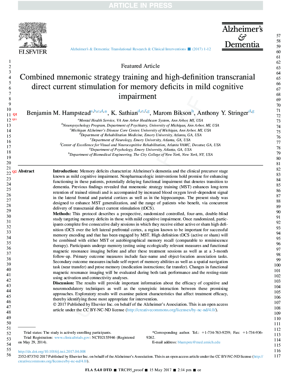 Combined mnemonic strategy training and high-definition transcranial direct current stimulation for memory deficits in mild cognitive impairment