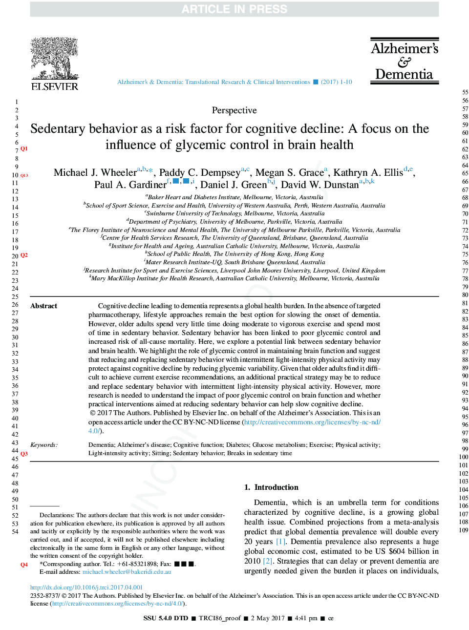 Sedentary behavior as a risk factor for cognitive decline? A focus on the influence of glycemic control in brain health