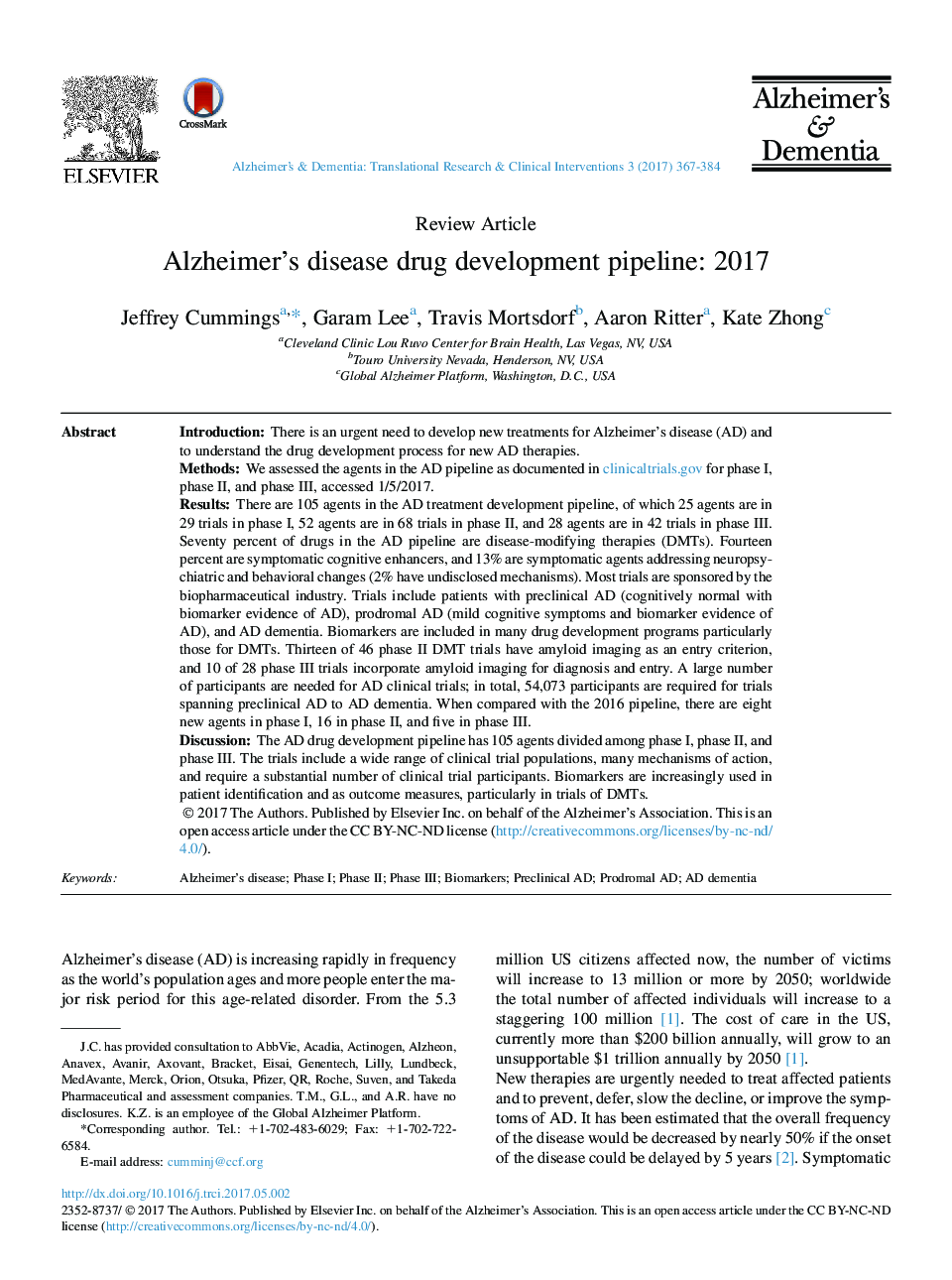 Alzheimer's disease drug development pipeline: 2017