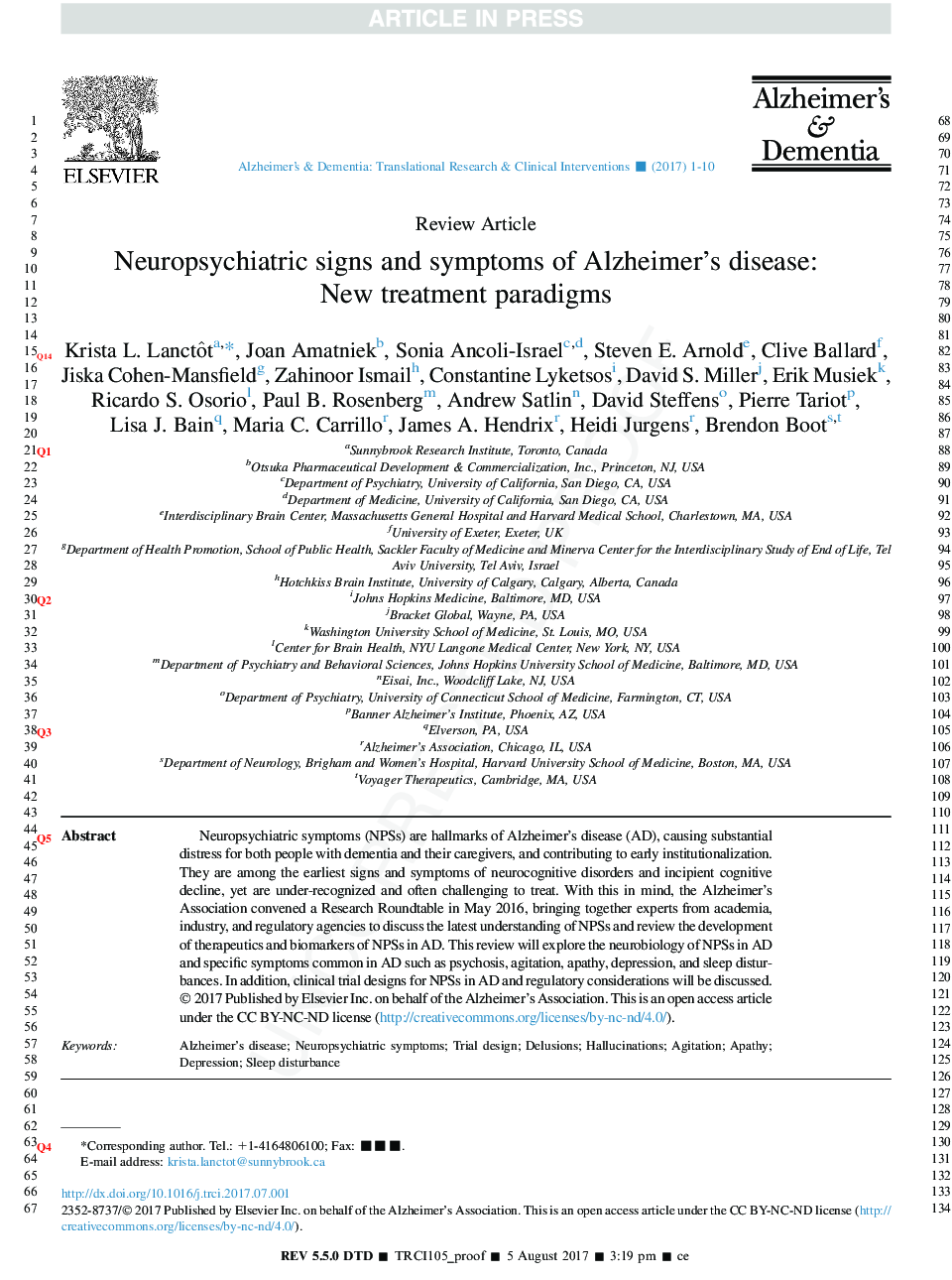 Neuropsychiatric signs and symptoms of Alzheimer's disease: NewÂ treatment paradigms