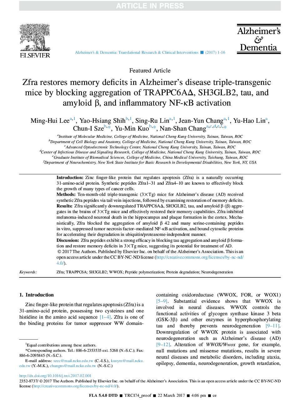 Zfra restores memory deficits in Alzheimer's disease triple-transgenic mice by blocking aggregation of TRAPPC6AÎ, SH3GLB2, tau, and amyloid Î², and inflammatory NF-ÎºB activation