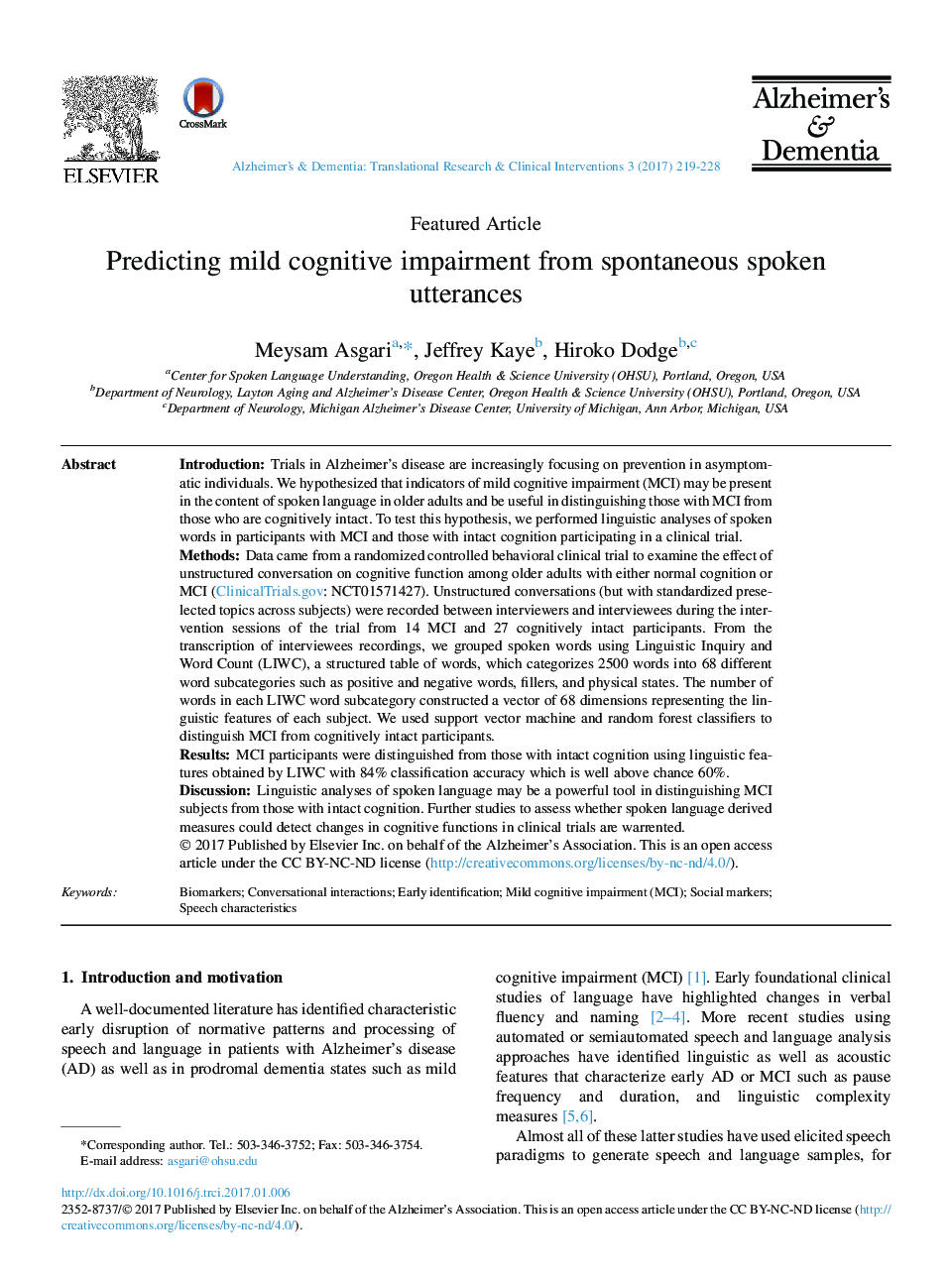 Predicting mild cognitive impairment from spontaneous spoken utterances