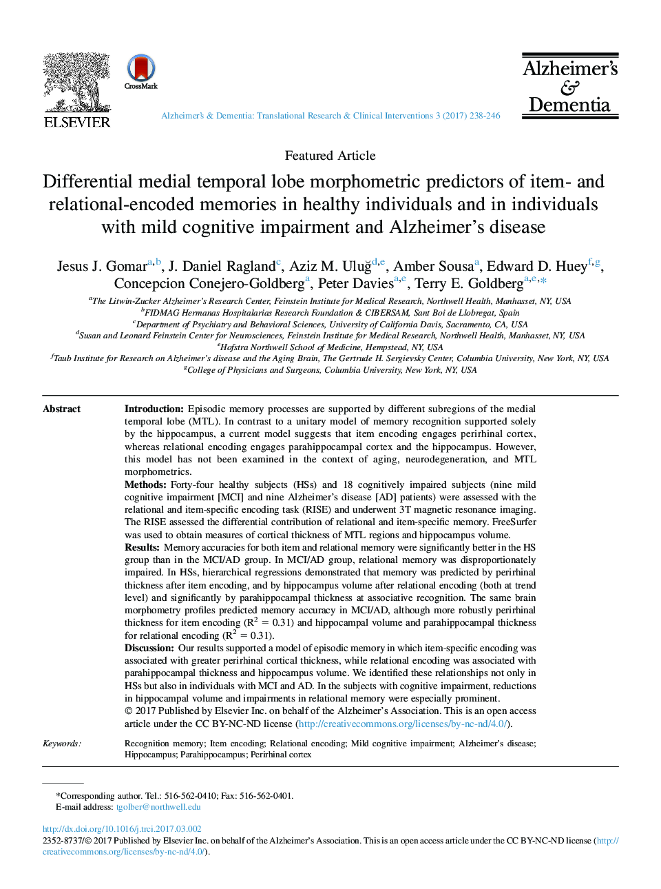 Differential medial temporal lobe morphometric predictors of item- and relational-encoded memories in healthy individuals and in individuals with mild cognitive impairment and Alzheimer's disease