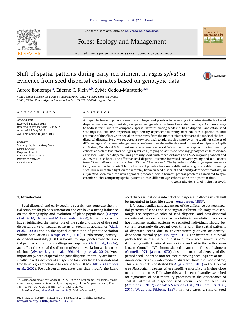 Shift of spatial patterns during early recruitment in Fagus sylvatica: Evidence from seed dispersal estimates based on genotypic data