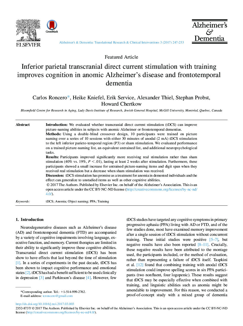 Inferior parietal transcranial direct current stimulation with training improves cognition in anomic Alzheimer's disease and frontotemporal dementia