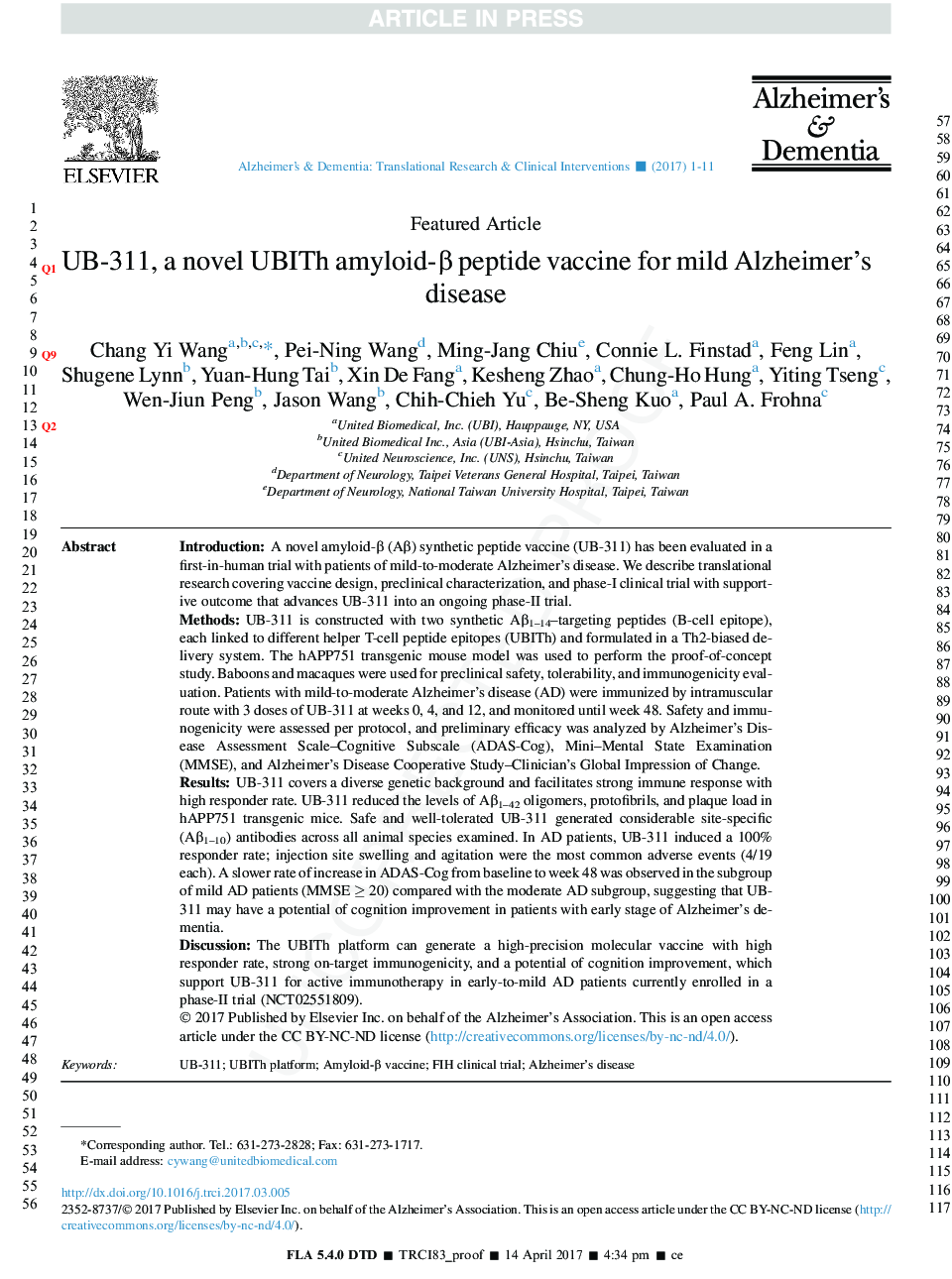 UB-311, a novel UBITh® amyloid Î² peptide vaccine for mildÂ Alzheimer'sÂ disease