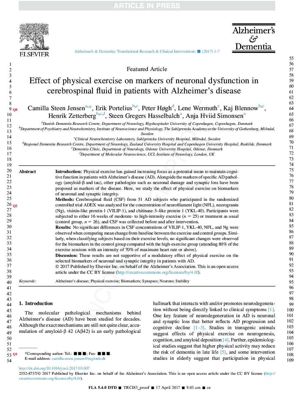 Effect of physical exercise on markers of neuronal dysfunction in cerebrospinal fluid in patients with Alzheimer's disease