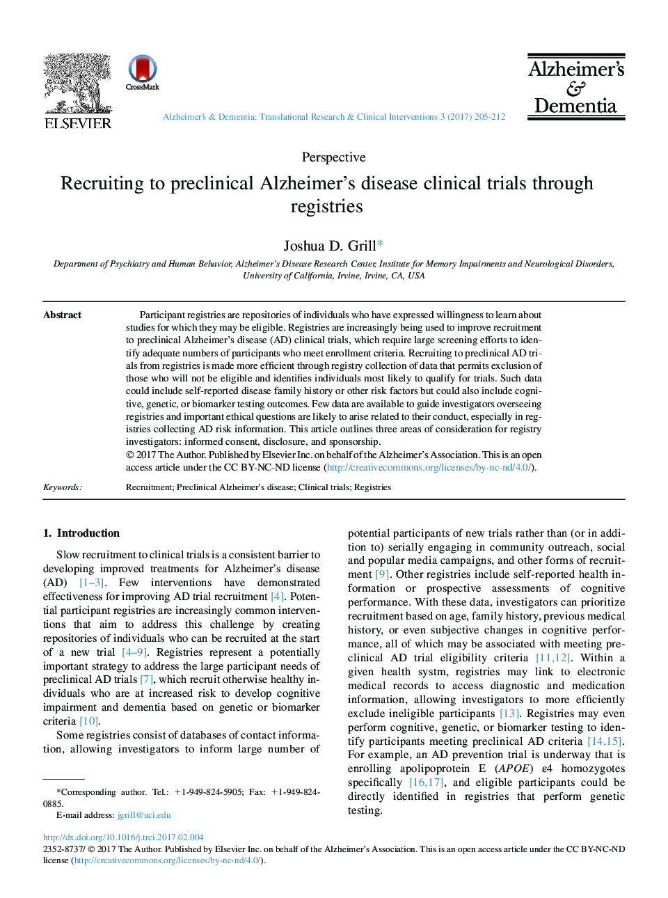 Recruiting to preclinical Alzheimer's disease clinical trials through registries