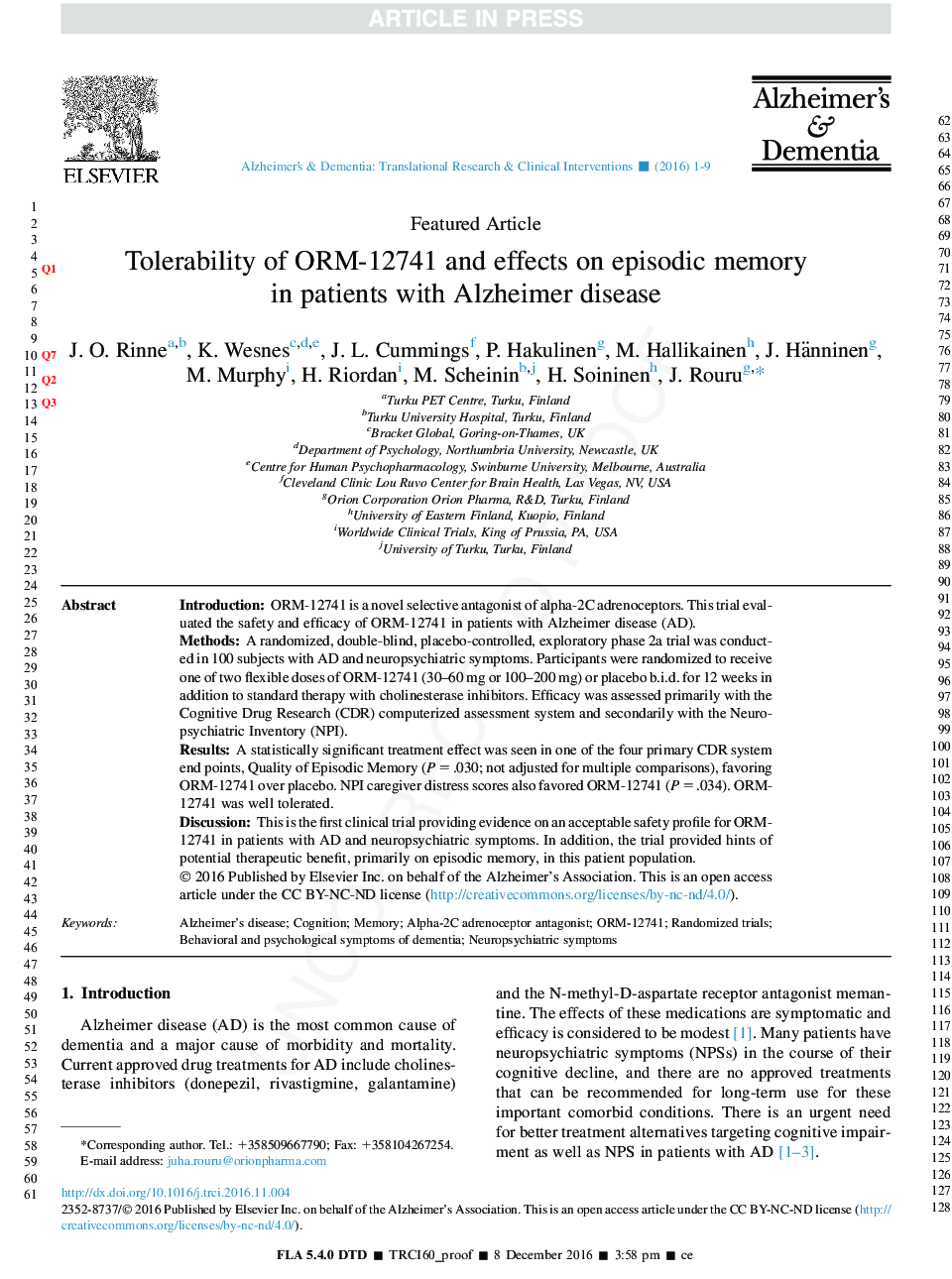 Tolerability of ORM-12741 and effects on episodic memory in patients with Alzheimer's disease