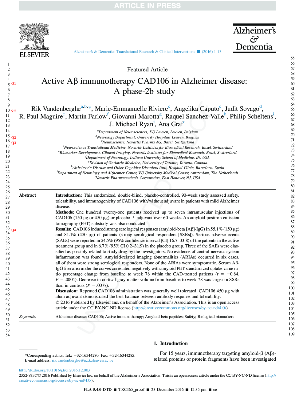 Active AÎ² immunotherapy CAD106 in Alzheimer's disease: A phase 2b study