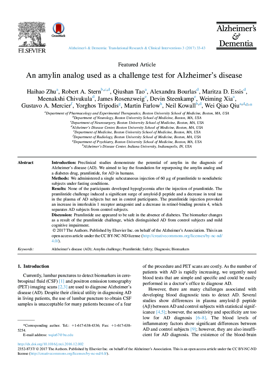 An amylin analog used as a challenge test for Alzheimer's disease