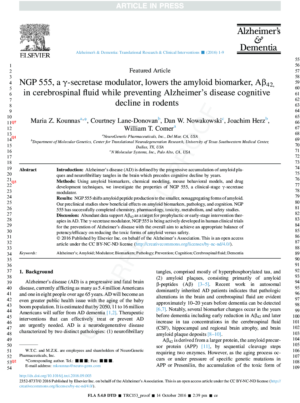 NGP 555, a Î³-secretase modulator, lowers the amyloid biomarker, AÎ²42, in cerebrospinal fluid while preventing Alzheimer's disease cognitive decline in rodents