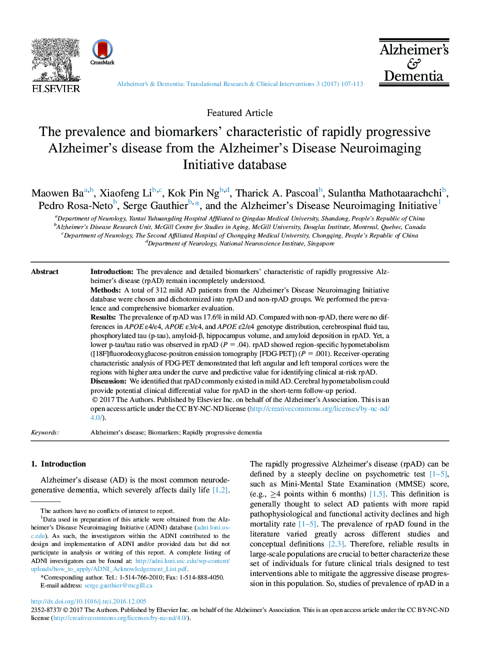 The prevalence and biomarkers' characteristic of rapidly progressive Alzheimer's disease from the Alzheimer's Disease Neuroimaging Initiative database