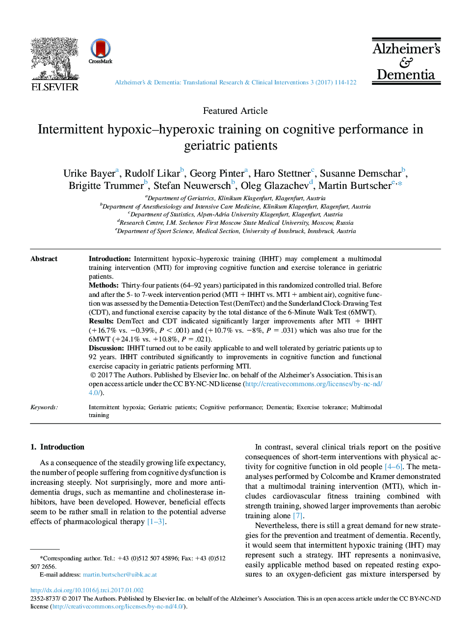 Intermittent hypoxic-hyperoxic training on cognitive performance in geriatric patients