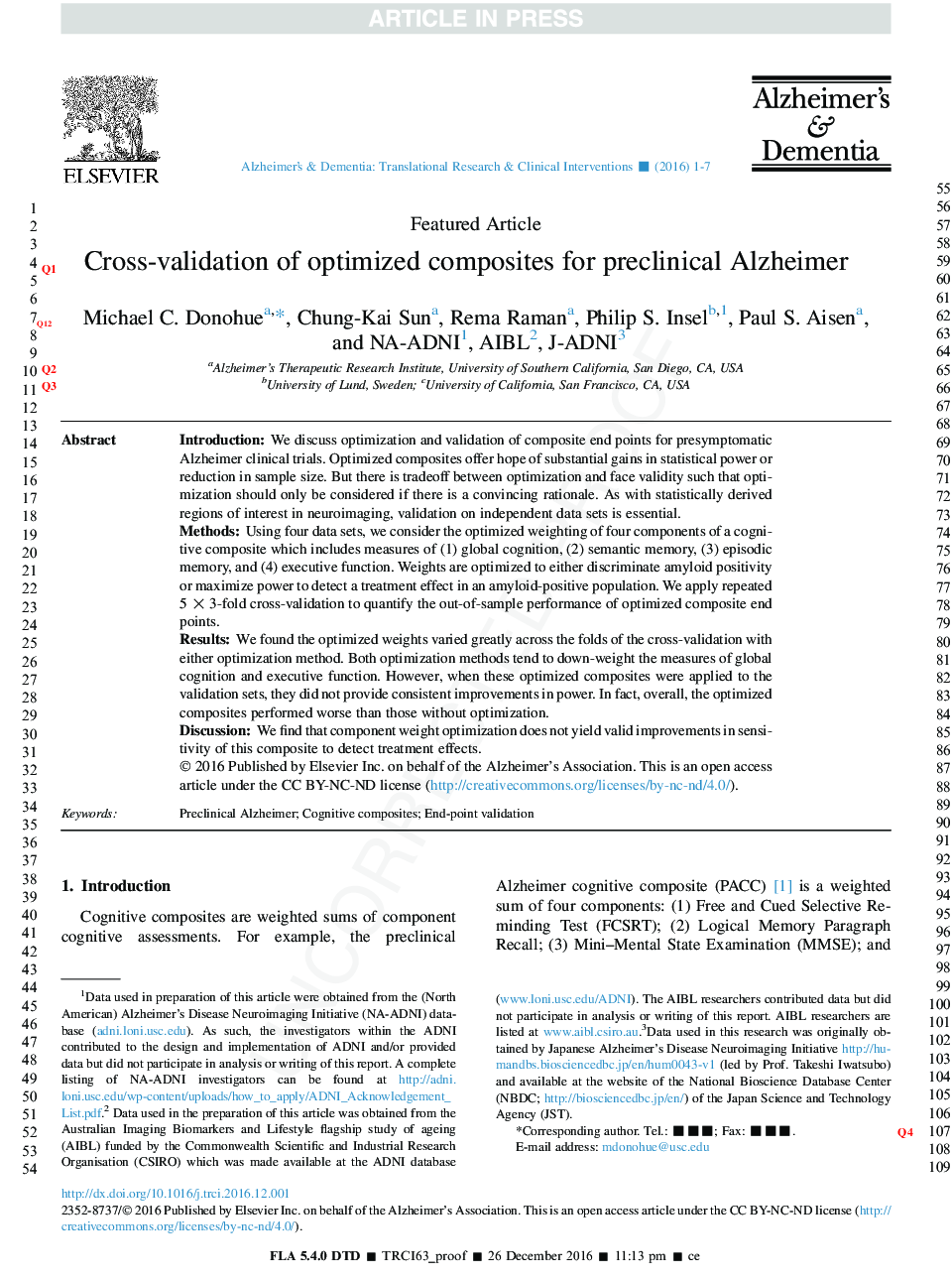 Cross-validation of optimized composites for preclinical Alzheimer's disease