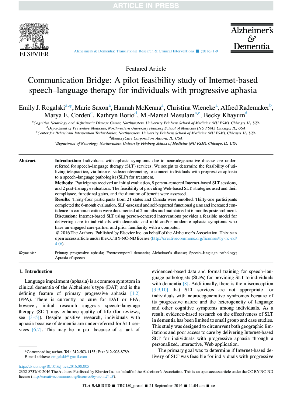 Communication Bridge: A pilot feasibility study of Internet-based speech-language therapy for individuals with progressive aphasia