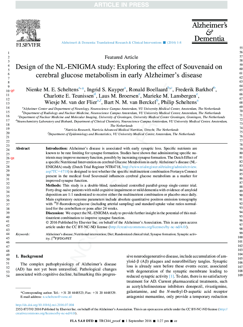 Design of the NL-ENIGMA study: Exploring the effect of Souvenaid on cerebral glucose metabolism in early Alzheimer's disease