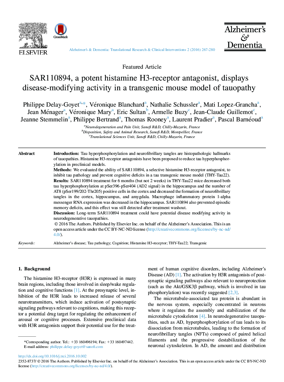 SAR110894, a potent histamine H3-receptor antagonist, displays disease-modifying activity in a transgenic mouse model of tauopathy