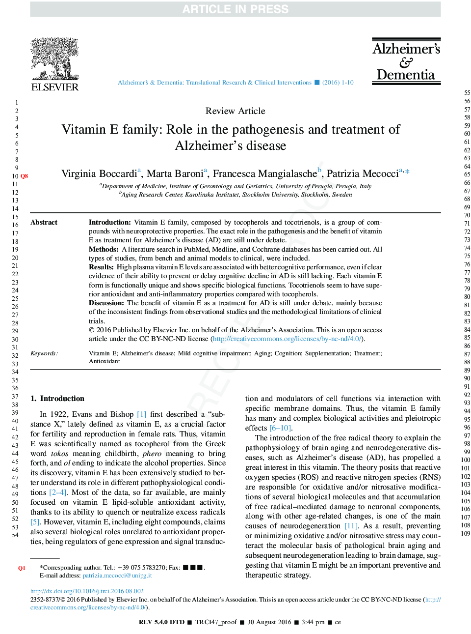 Vitamin E family: Role in the pathogenesis and treatment of Alzheimer's disease