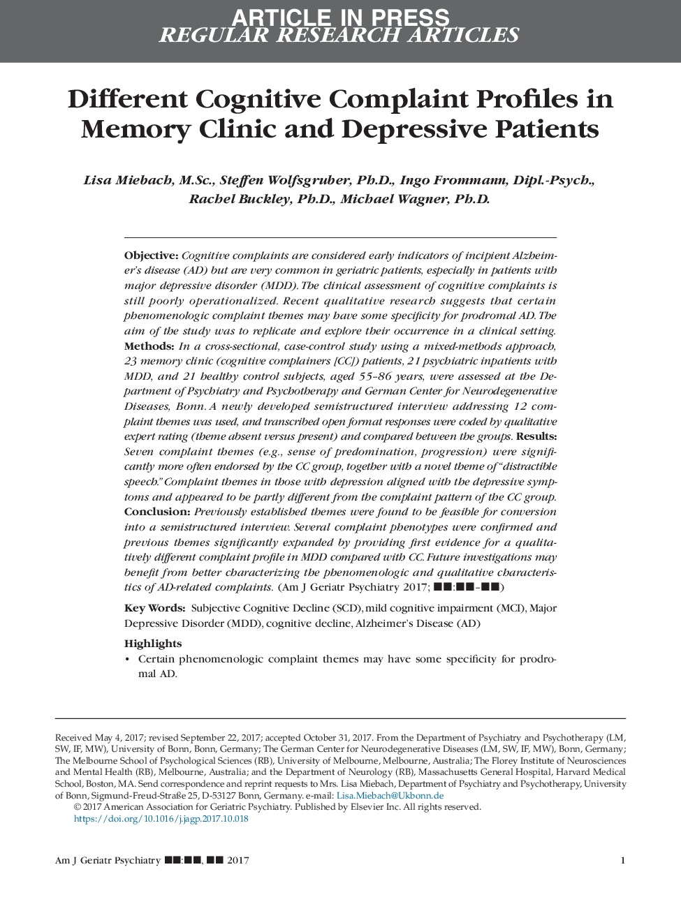 پروفایل های مختلف شکایت شناختی در کلینیک حافظه و بیماران افسردگی 