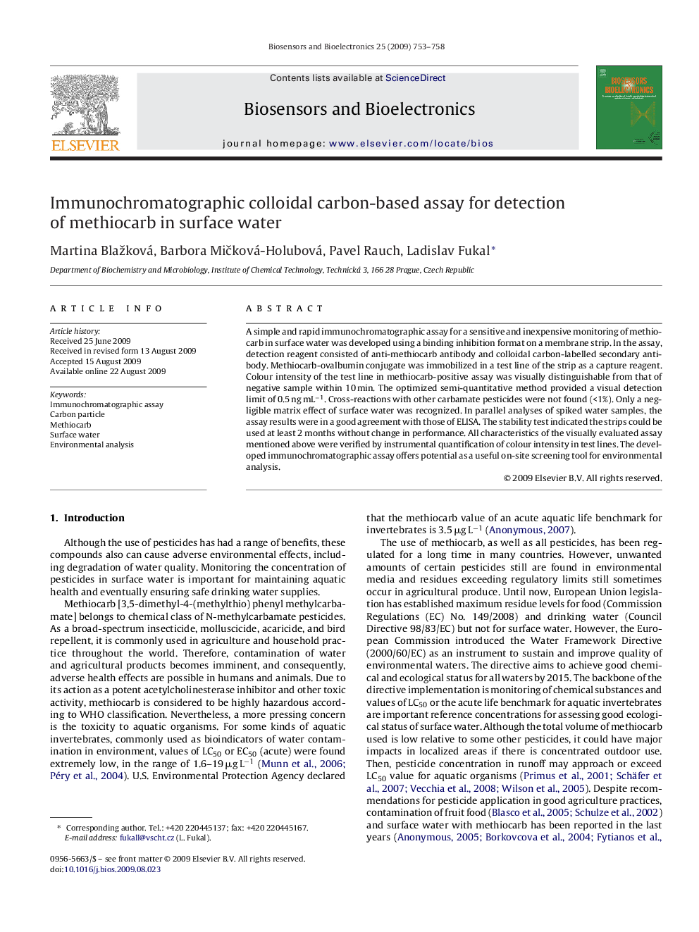 Immunochromatographic colloidal carbon-based assay for detection of methiocarb in surface water