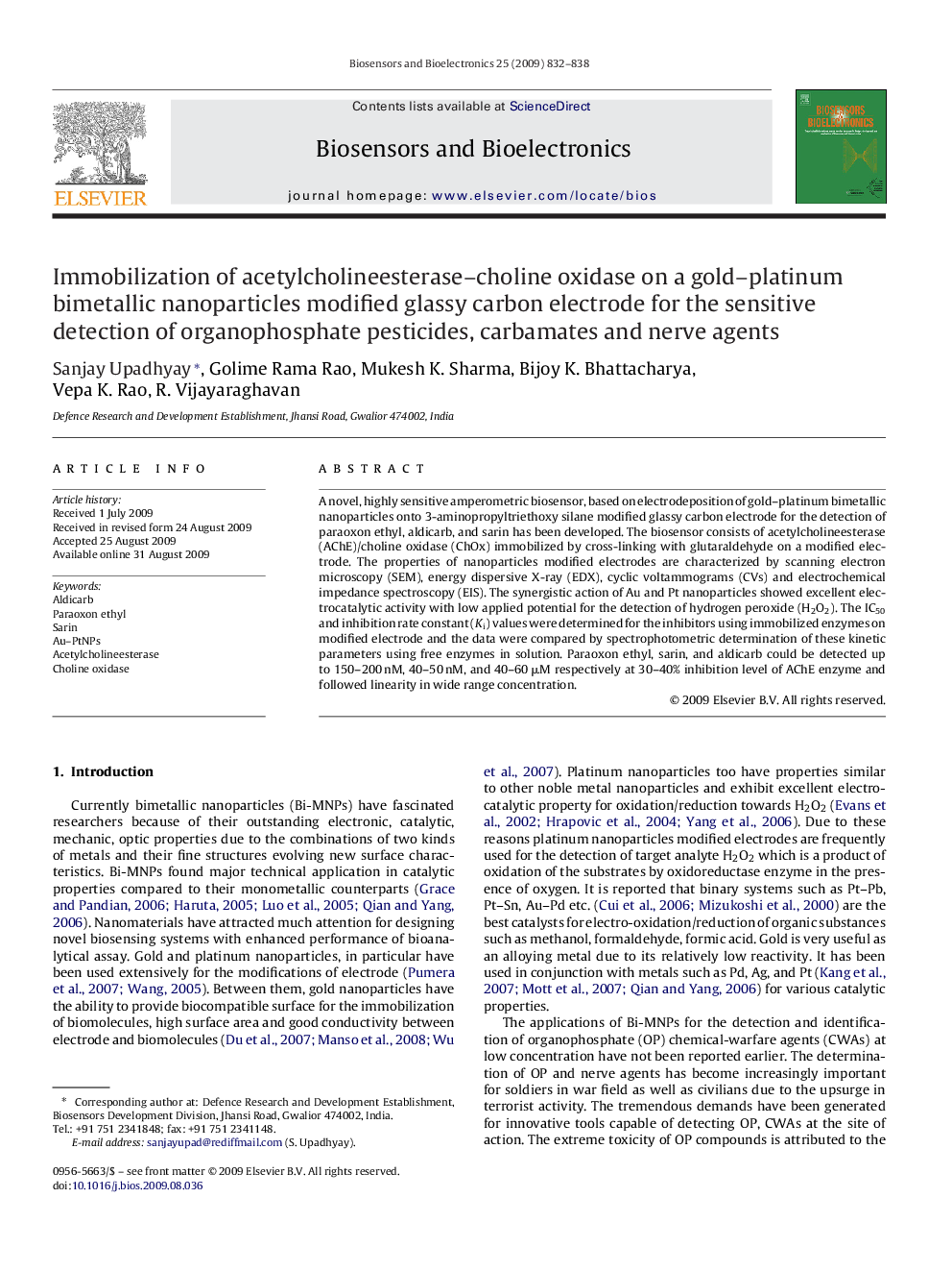 Immobilization of acetylcholineesterase–choline oxidase on a gold–platinum bimetallic nanoparticles modified glassy carbon electrode for the sensitive detection of organophosphate pesticides, carbamates and nerve agents