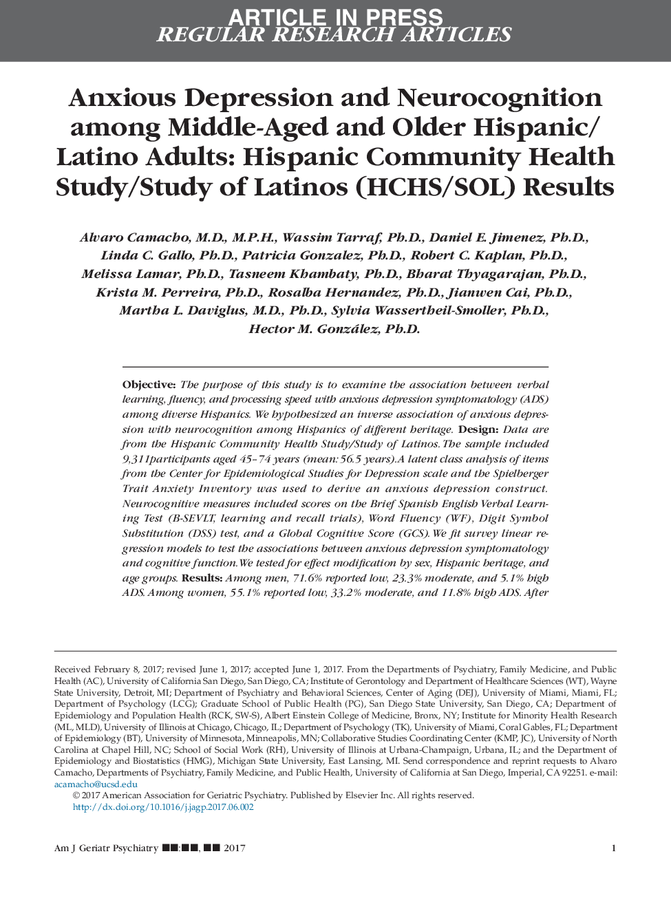 Anxious Depression and Neurocognition among Middle-Aged and Older Hispanic/Latino Adults: Hispanic Community Health Study/Study of Latinos (HCHS/SOL) Results