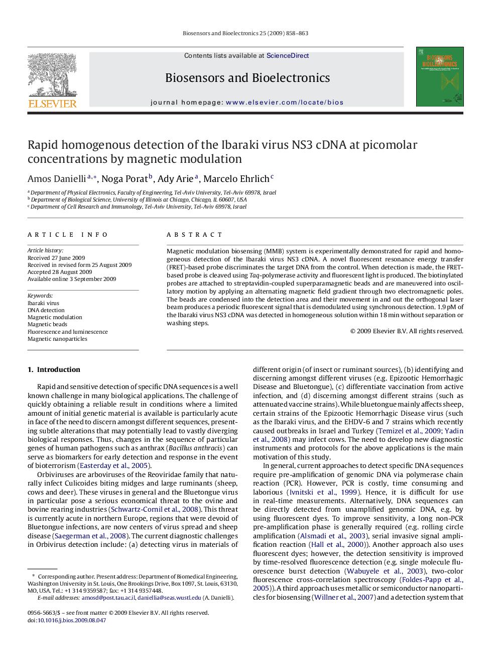 Rapid homogenous detection of the Ibaraki virus NS3 cDNA at picomolar concentrations by magnetic modulation