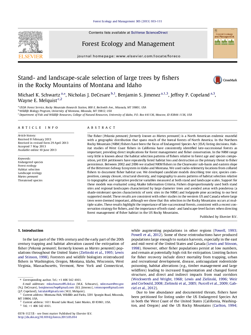 Stand- and landscape-scale selection of large trees by fishers in the Rocky Mountains of Montana and Idaho