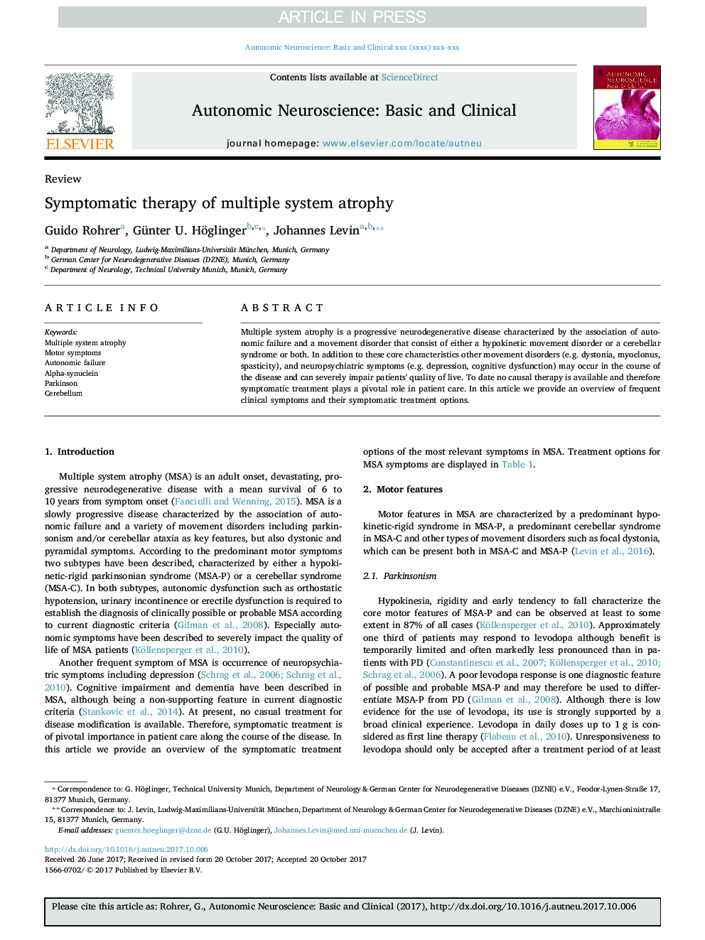 Symptomatic therapy of multiple system atrophy