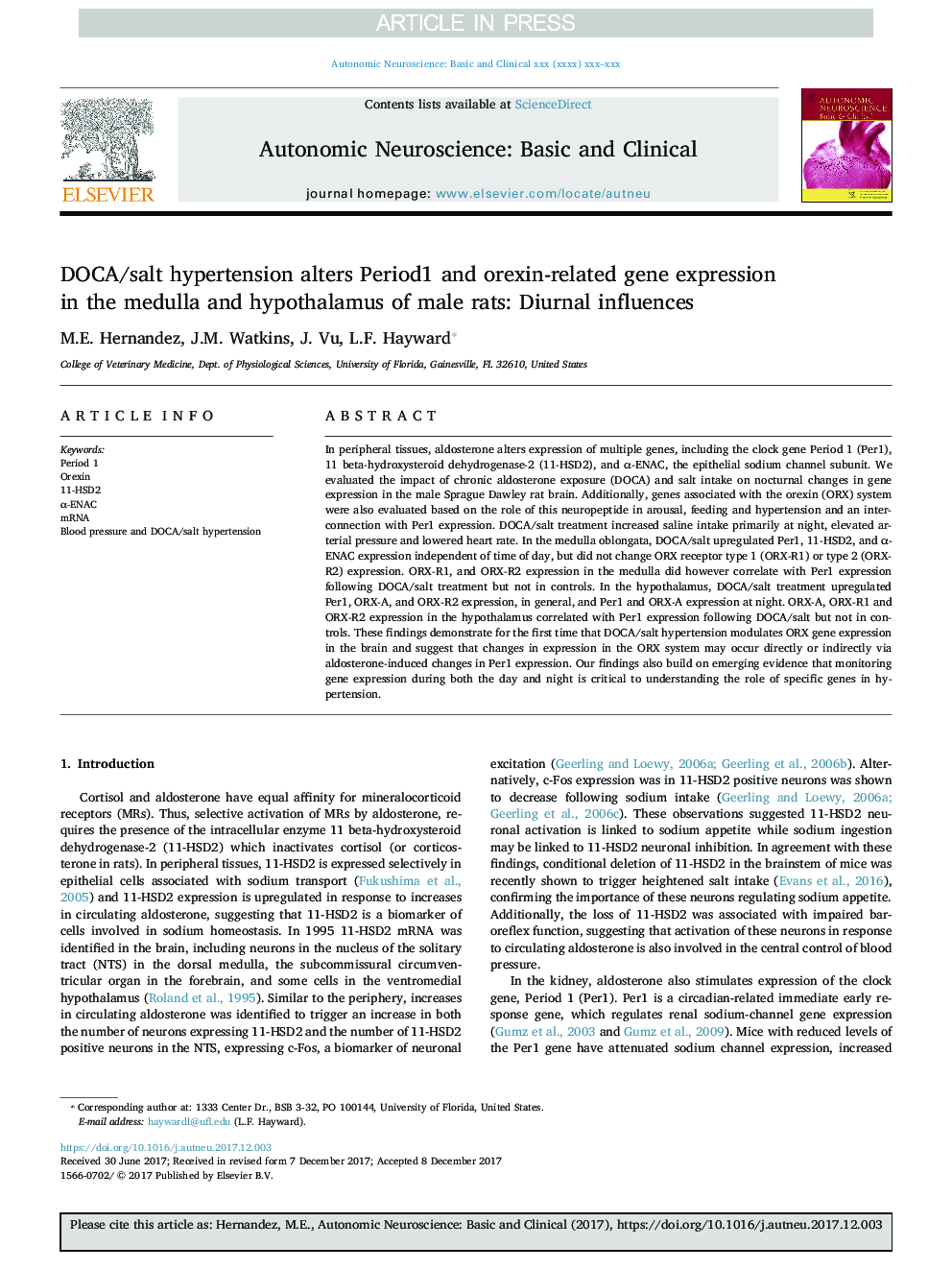 DOCA/salt hypertension alters Period1 and orexin-related gene expression in the medulla and hypothalamus of male rats: Diurnal influences