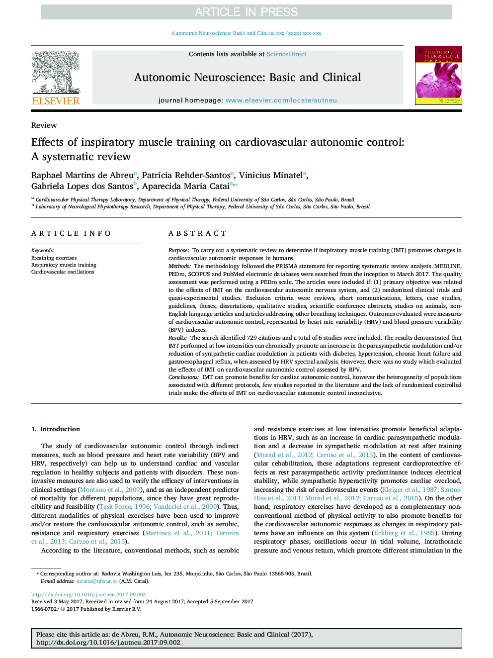 Effects of inspiratory muscle training on cardiovascular autonomic control: A systematic review