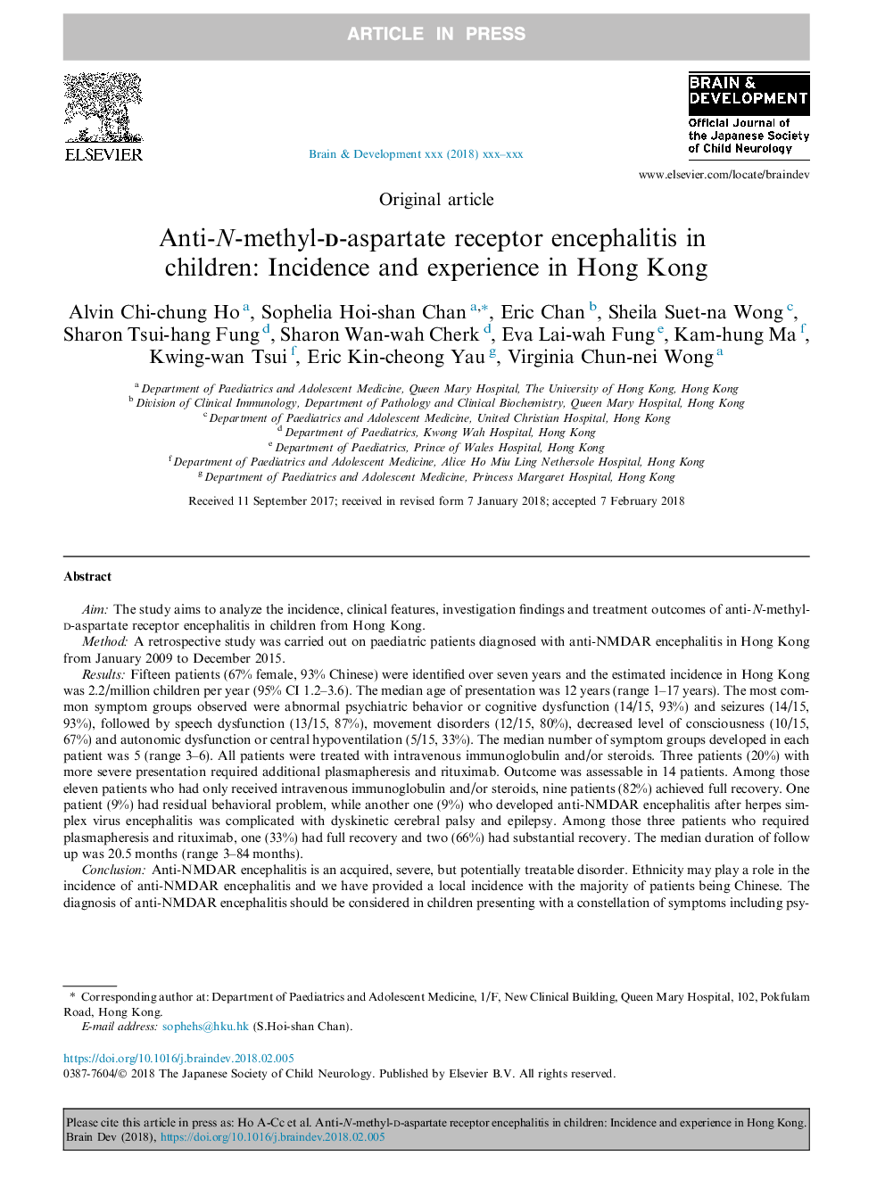 Anti-N-methyl-d-aspartate receptor encephalitis in children: Incidence and experience in Hong Kong