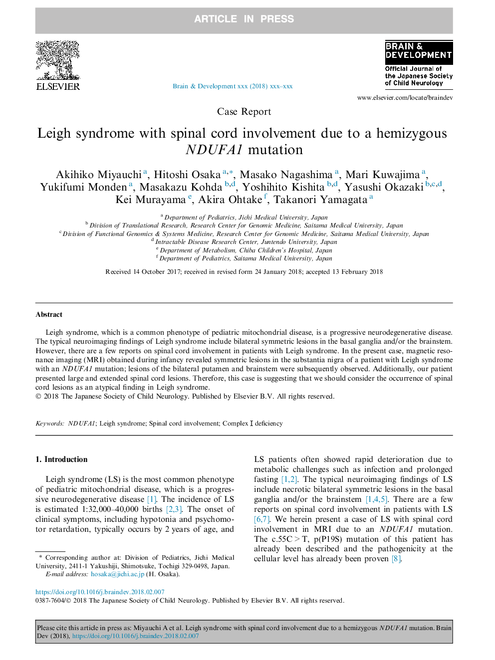 Leigh syndrome with spinal cord involvement due to a hemizygous NDUFA1 mutation